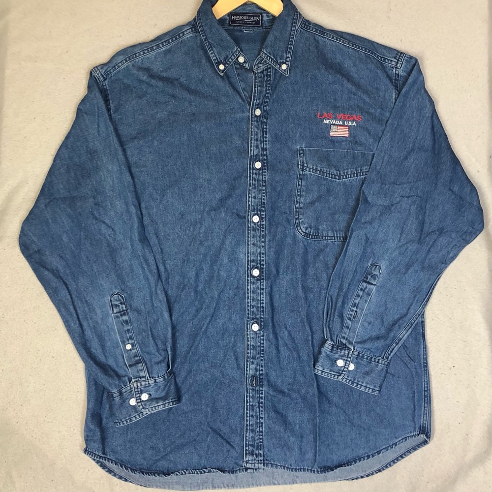 Vintage Blue Denim Button-Down Shirt with Red Embroidery